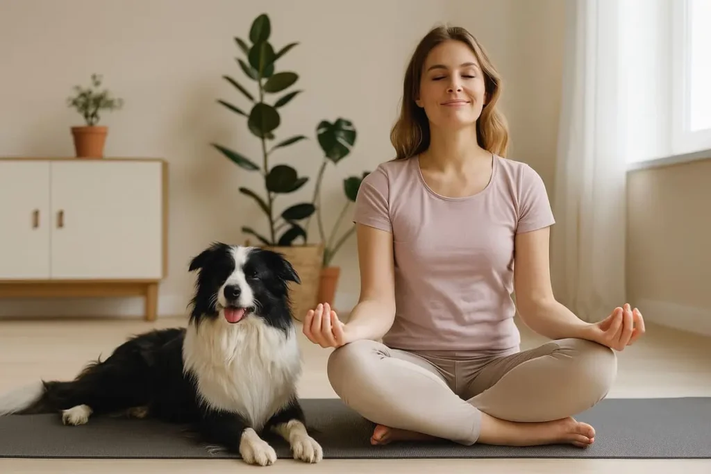 Femme méditant avec son chien lors d’une séance de doga dans un intérieur lumineux et apaisant