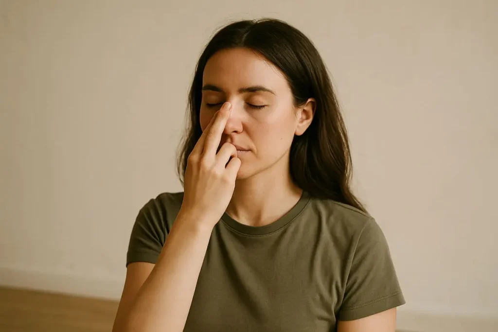 Femme en posture assise pratiquant la respiration alternée, yeux fermés, dans un intérieur calme