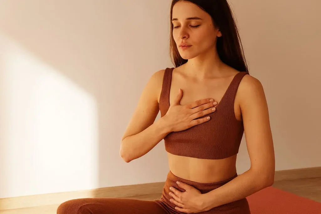 Femme assise en tailleur sur un tapis de yoga, les yeux fermés, pratiquant une respiration profonde avec les mains posées sur la poitrine et le ventre