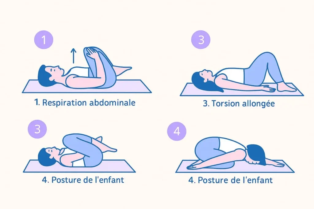 Illustration de quatre postures de yoga allongées pour améliorer la digestion après un repas