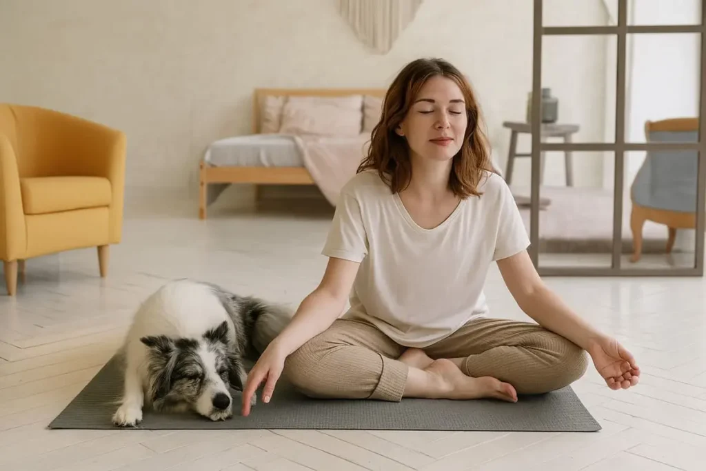 Femme allongée sur un tapis de yoga pratiquant la relaxation aux côtés de son chien, dans une posture calme et apaisée