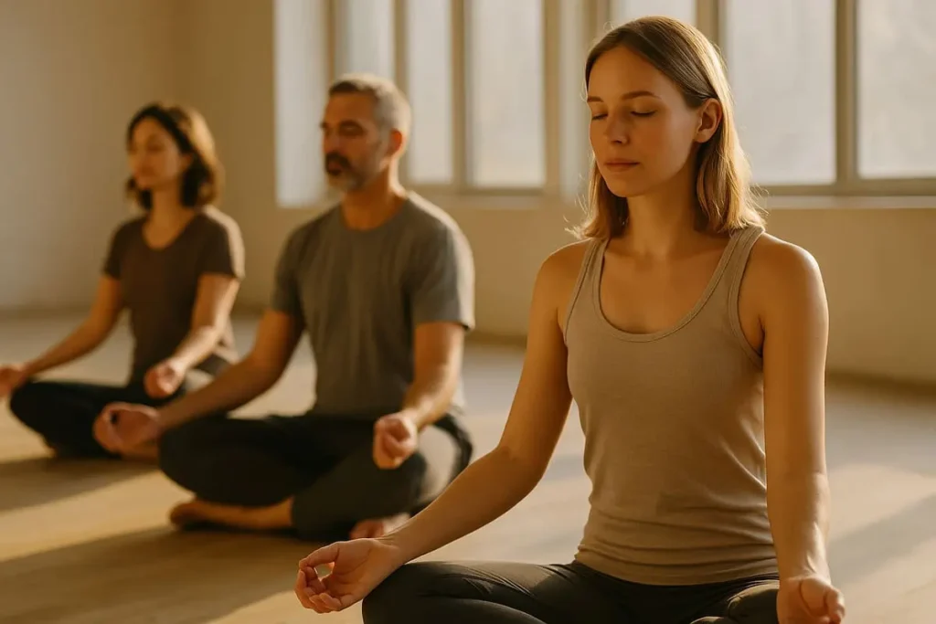Trois personnes en posture de yoga, chacune concentrée sur sa pratique dans une ambiance paisible