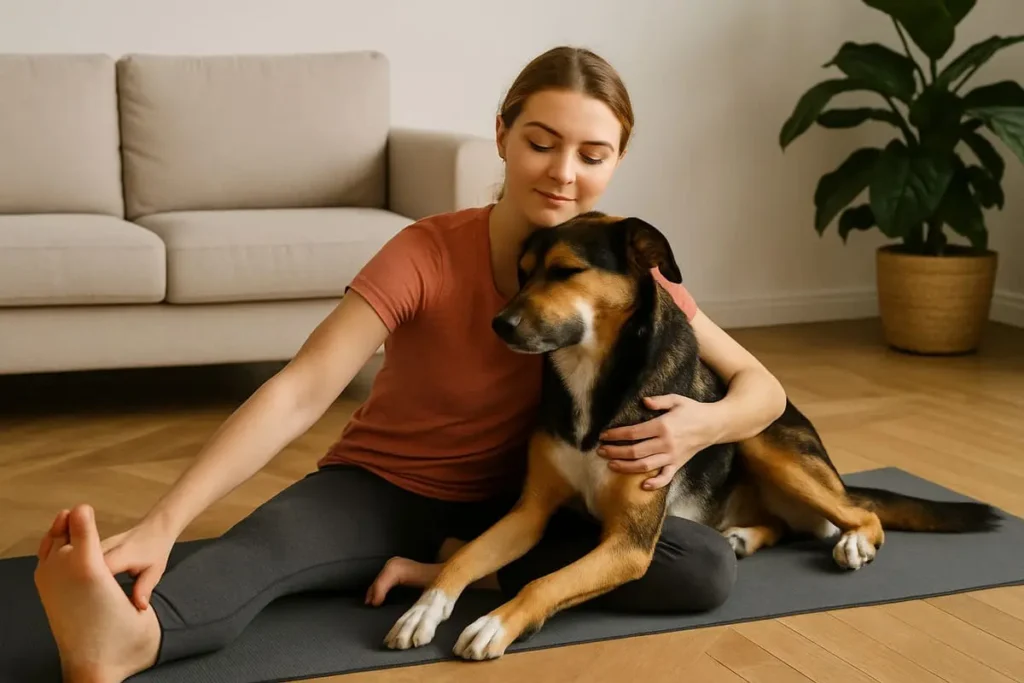 Femme assise sur un tapis de yoga avec son chien, partageant un moment calme et complice dans un salon minimaliste