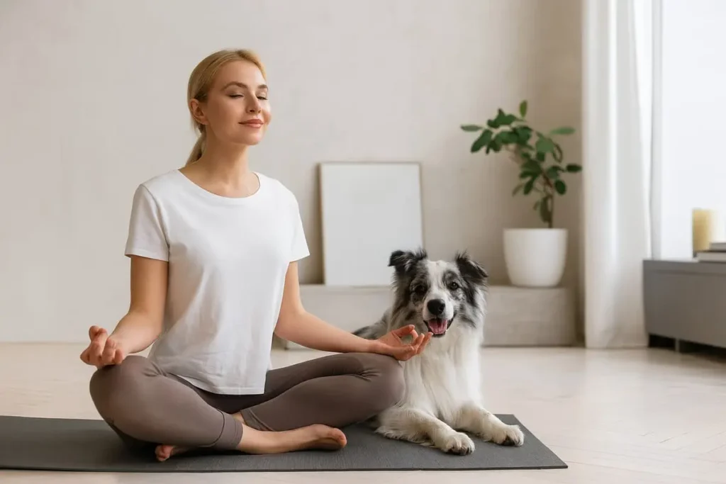 Femme assise en tailleur sur un tapis de yoga, en méditation, avec son chien allongé paisiblement à ses côtés