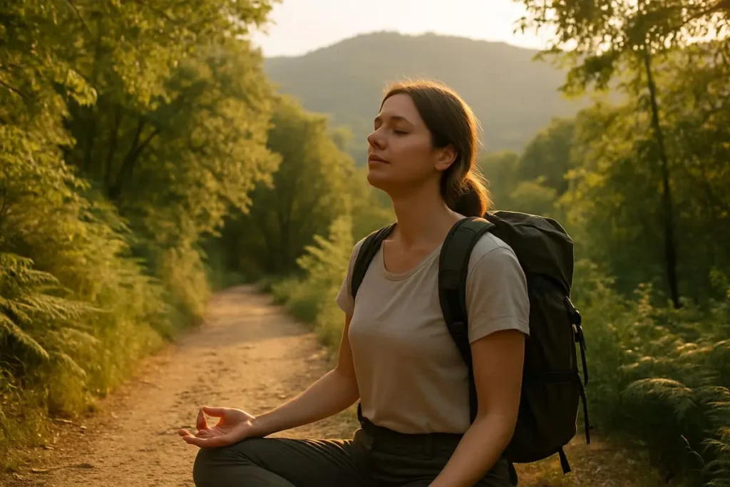 Femme les yeux fermés, en pleine randonnée, assise en posture méditative sur un chemin forestier au coucher du soleil