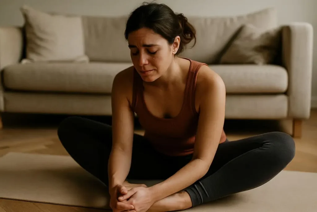 Femme assise en posture du papillon, les yeux fermés, vivant une libération émotionnelle pendant une séance de Yin Yoga