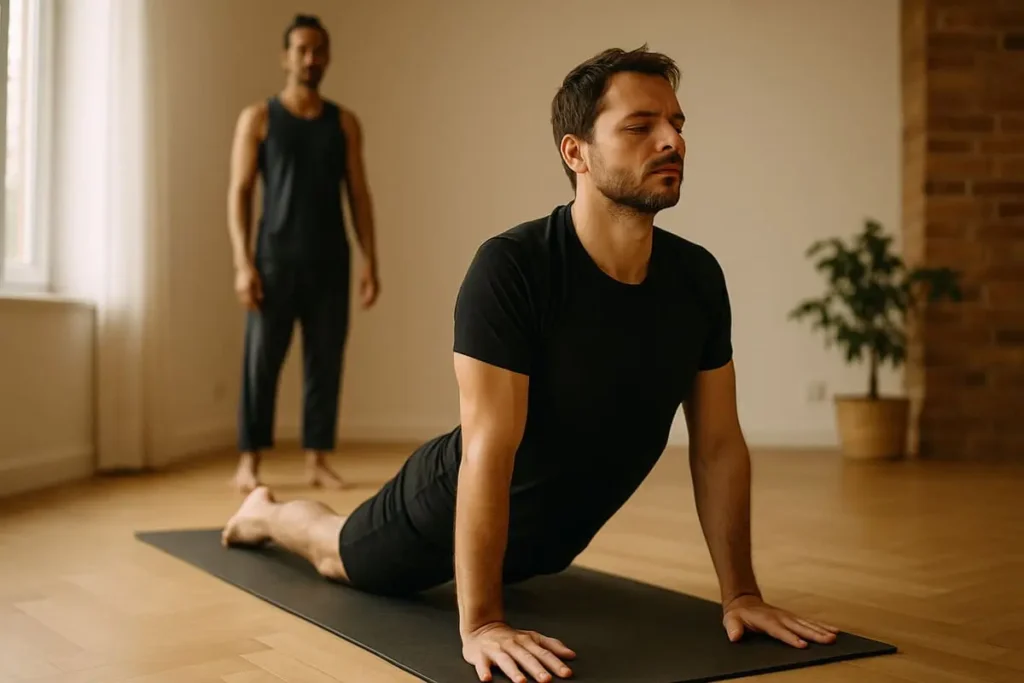 Homme pratiquant l’Upward-Facing Dog en cours Mysore, sous la supervision d’un professeur