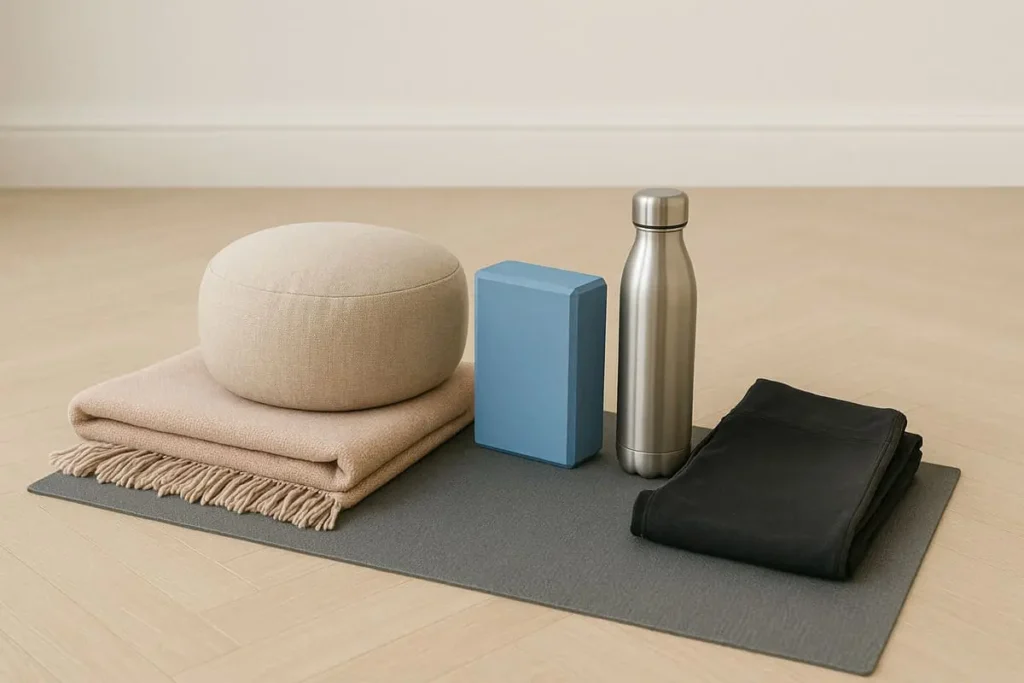 Tapis de yoga avec coussin, couverture, brique en mousse, bouteille d’eau et vêtements de sport pliés, disposés dans une pièce lumineuse