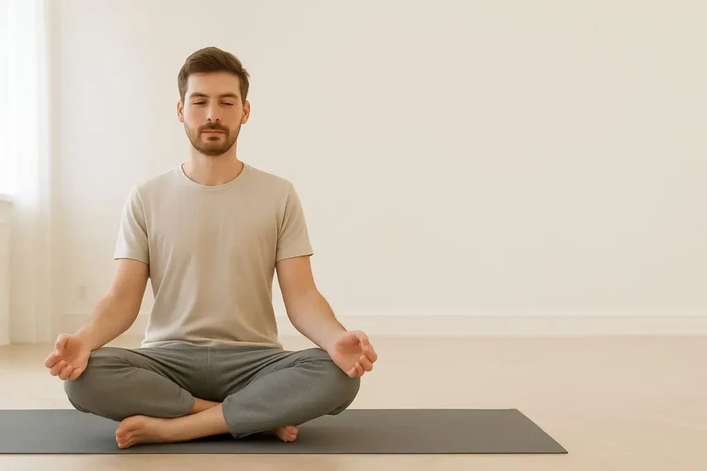 Un homme assis en Sukhasana sur un tapis de yoga, les yeux fermés, pratiquant le Hatha Yoga dans une pièce paisible et lumineuse