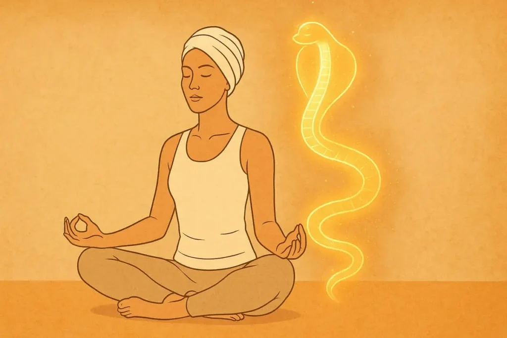 Femme méditant en Kundalini Yoga avec un serpent lumineux symbolisant l’énergie vitale