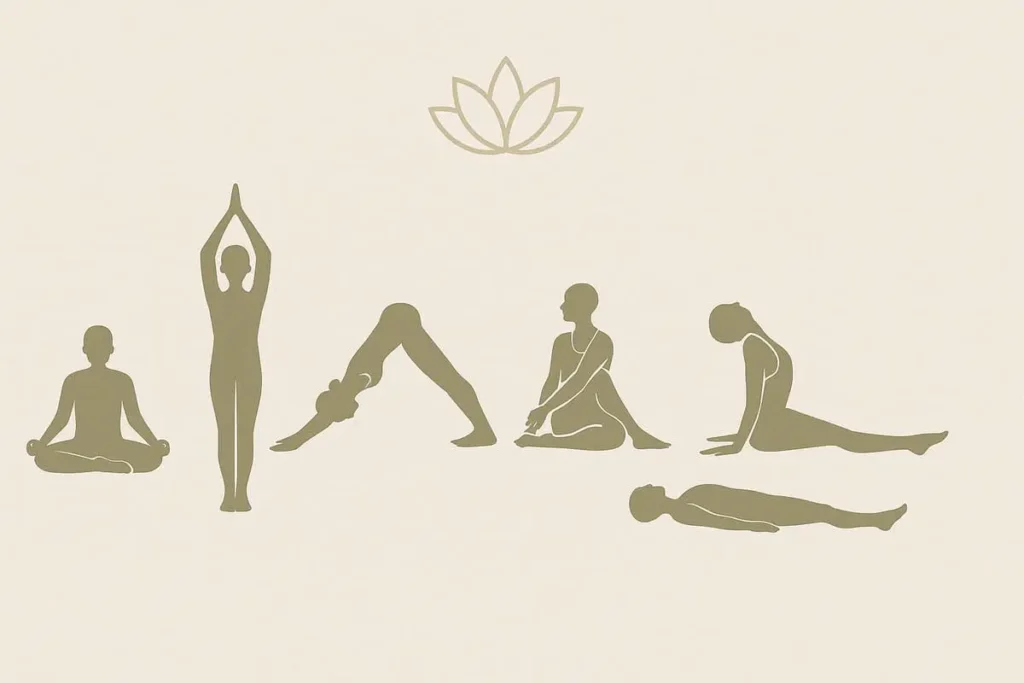 Silhouettes minimalistes représentant les postures clés d’une séance d’Ashtanga Yoga sur fond beige
