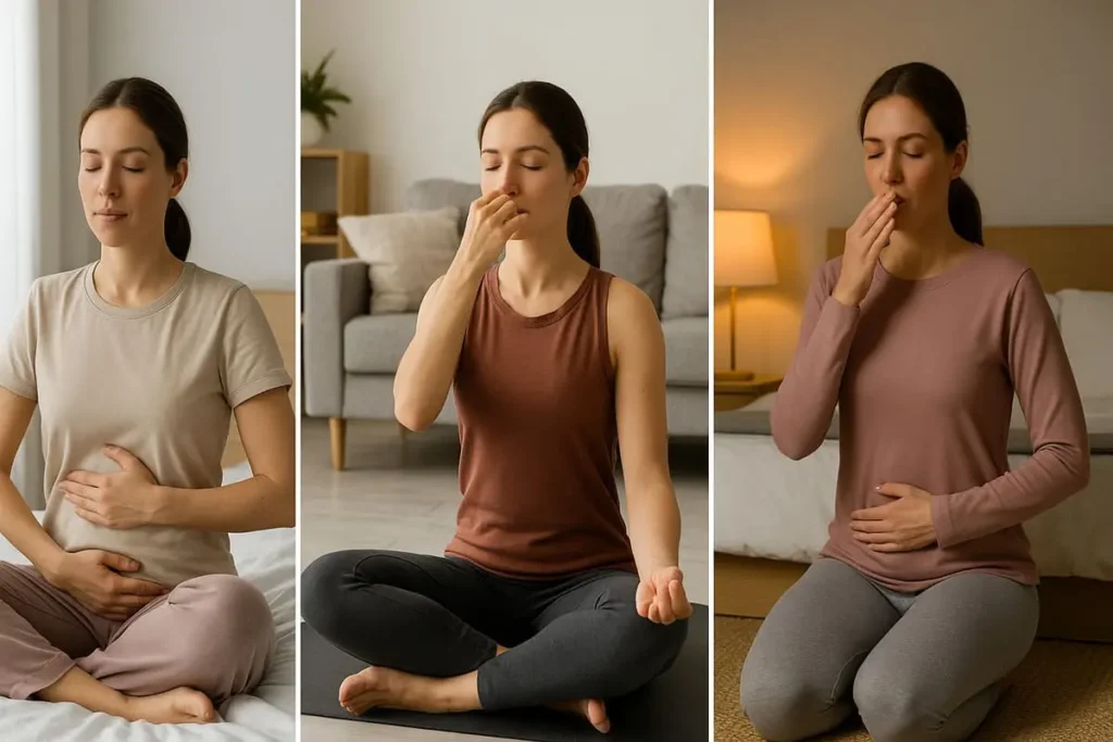 Trois moments de la journée illustrant des exercices de respiration : respiration abdominale le matin, Nadi Shodhana en journée, respiration 4-7-8 le soir