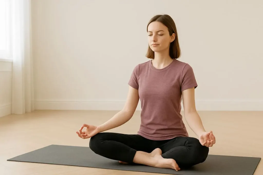 Femme assise en posture de méditation sur un tapis de yoga, les yeux fermés, pratiquant le Hatha Yoga dans une pièce lumineuse et calme