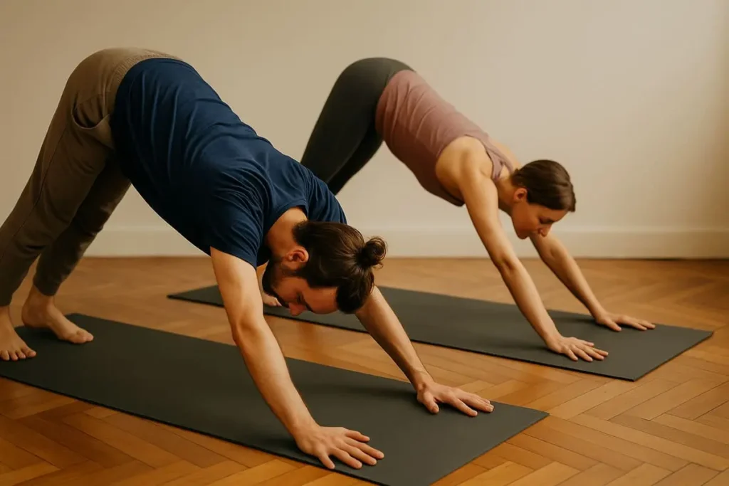 Un homme et une femme en posture du chien tête en bas lors d’une séance de Vinyasa Yoga dans un intérieur lumineux