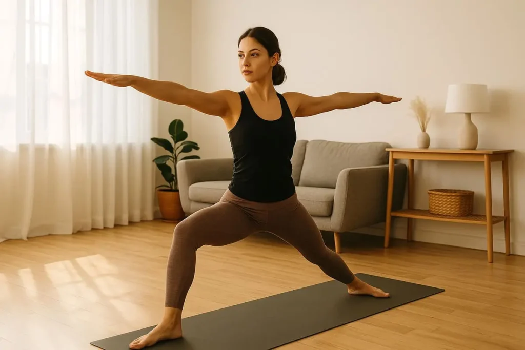 Femme en posture du Guerrier II pratiquant le Vinyasa Yoga dans un salon lumineux