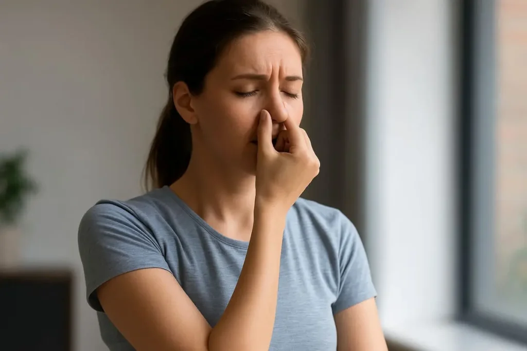 Femme pratiquant un exercice de respiration alternée en yoga pour réduire le stress