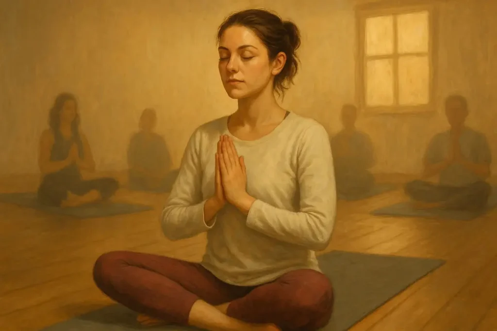 Femme en méditation lors d’un cours de Kundalini Yoga, mains en prière, entourée d’autres participants