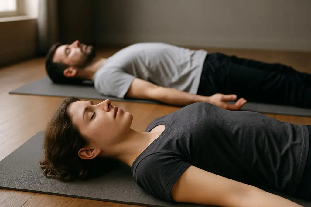 Un homme et une femme allongés en Savasana sur des tapis de yoga, les yeux fermés, dans un espace lumineux