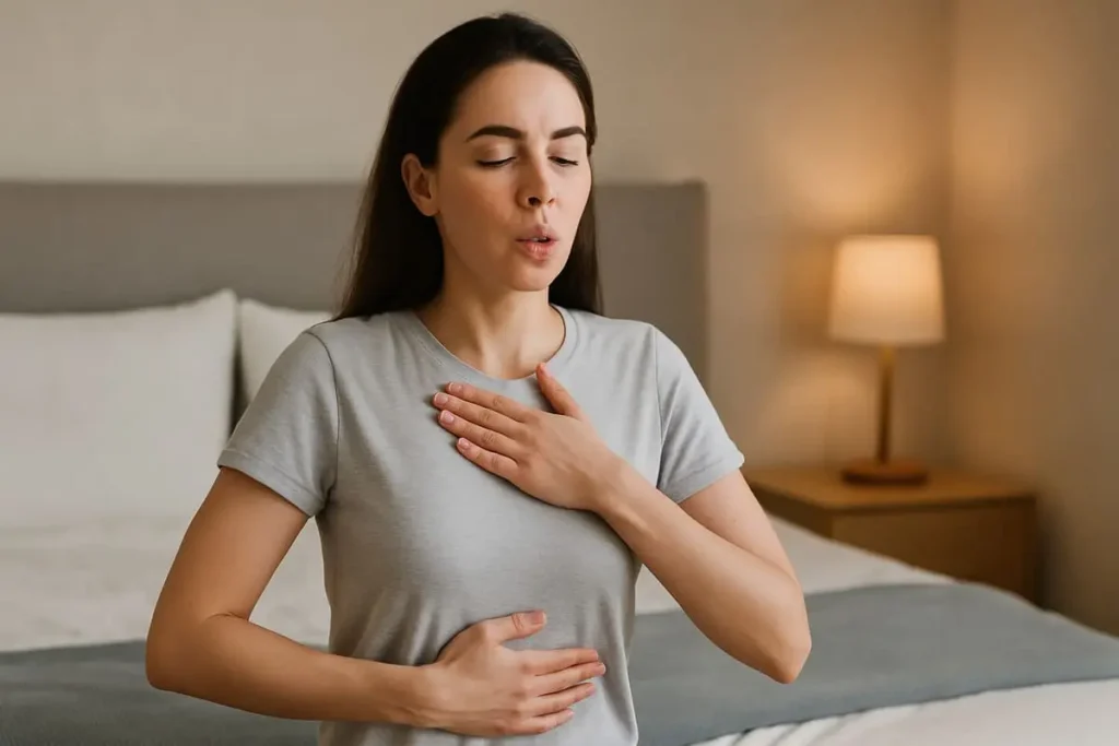 Femme pratiquant la respiration 4-7-8 en position assise pour réduire le stress et s’endormir plus facilement