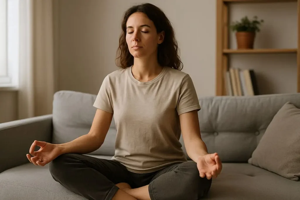 Femme méditant en position assise sur un canapé, les yeux fermés, dans un intérieur lumineux et apaisant