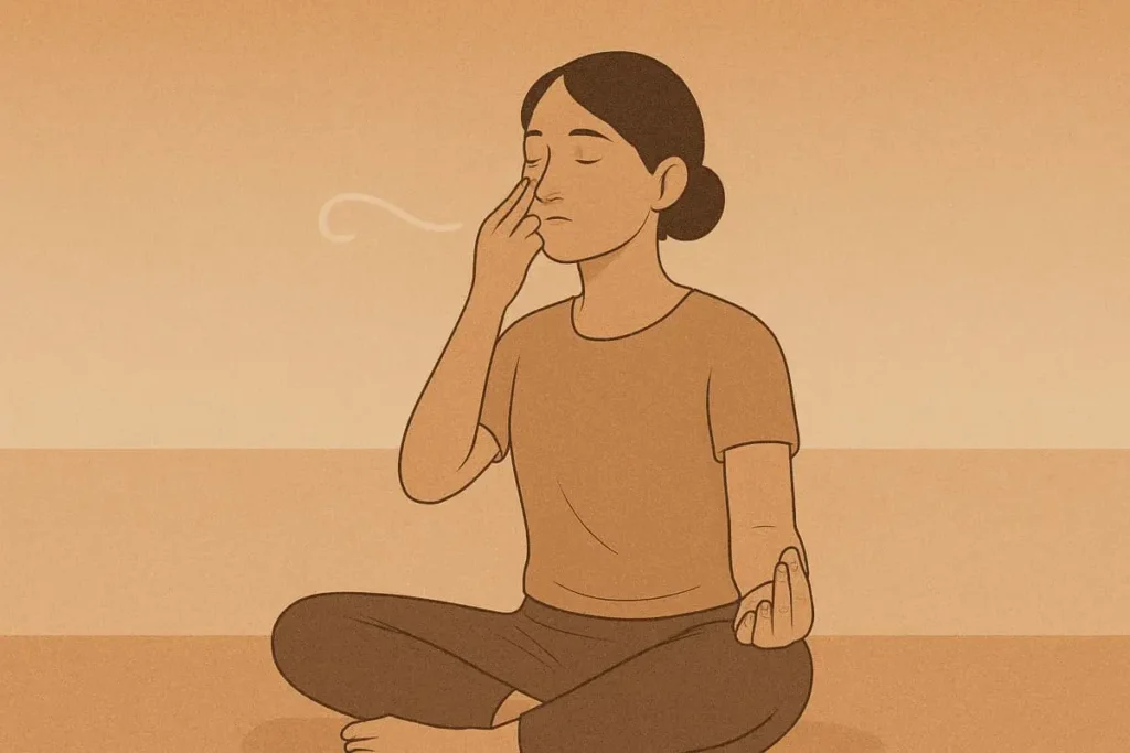 Femme assise en tailleur pratiquant le pranayama dans une ambiance douce et minimaliste