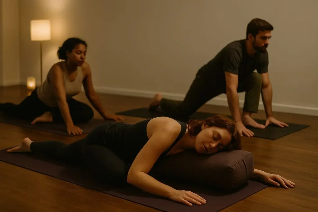 Trois personnes en pleine séance de Yin Yoga dans un studio tamisé, chacune dans une posture différente et introspective