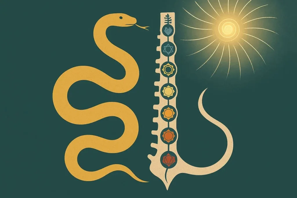Illustration d’un serpent doré s’élevant le long d’une colonne vertébrale avec les sept chakras et une lumière rayonnante