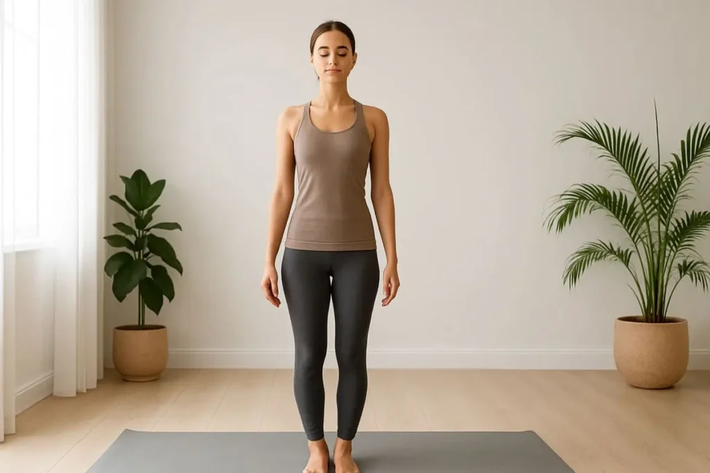 Femme debout en posture de la montagne (Tadasana) dans une pièce lumineuse