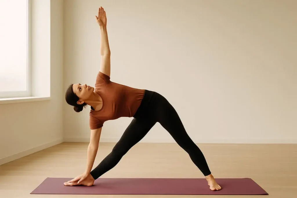 Femme exécutant la posture du Triangle (Trikonasana) en Yoga Iyengar sur un tapis violet, dans un studio lumineux, illustrant la précision et la stabilité de la méthode.
